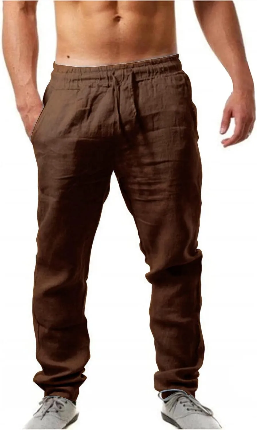 White Linen Pants for Men Front Bag Straight Tube Solid Color Comfortable Breathable Casual Elastic Waist Drawstring