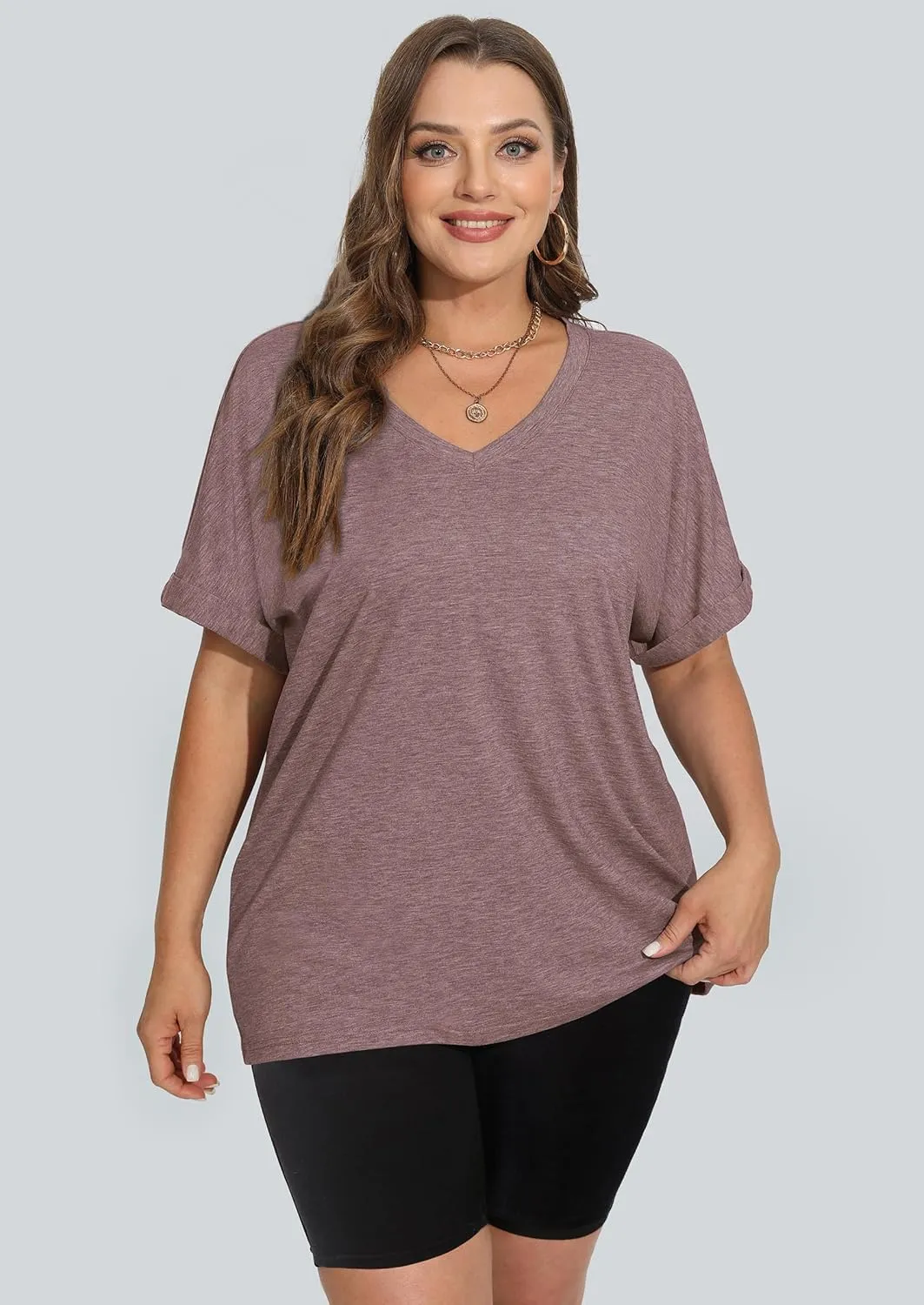 WIHOLL Womens Oversized Tshirts Summer Tops 2025 Short Sleeve V Neck Shirts Outfits Plus Size Clothes