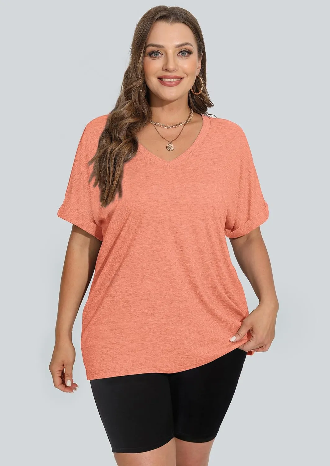 WIHOLL Womens Oversized Tshirts Summer Tops 2025 Short Sleeve V Neck Shirts Outfits Plus Size Clothes