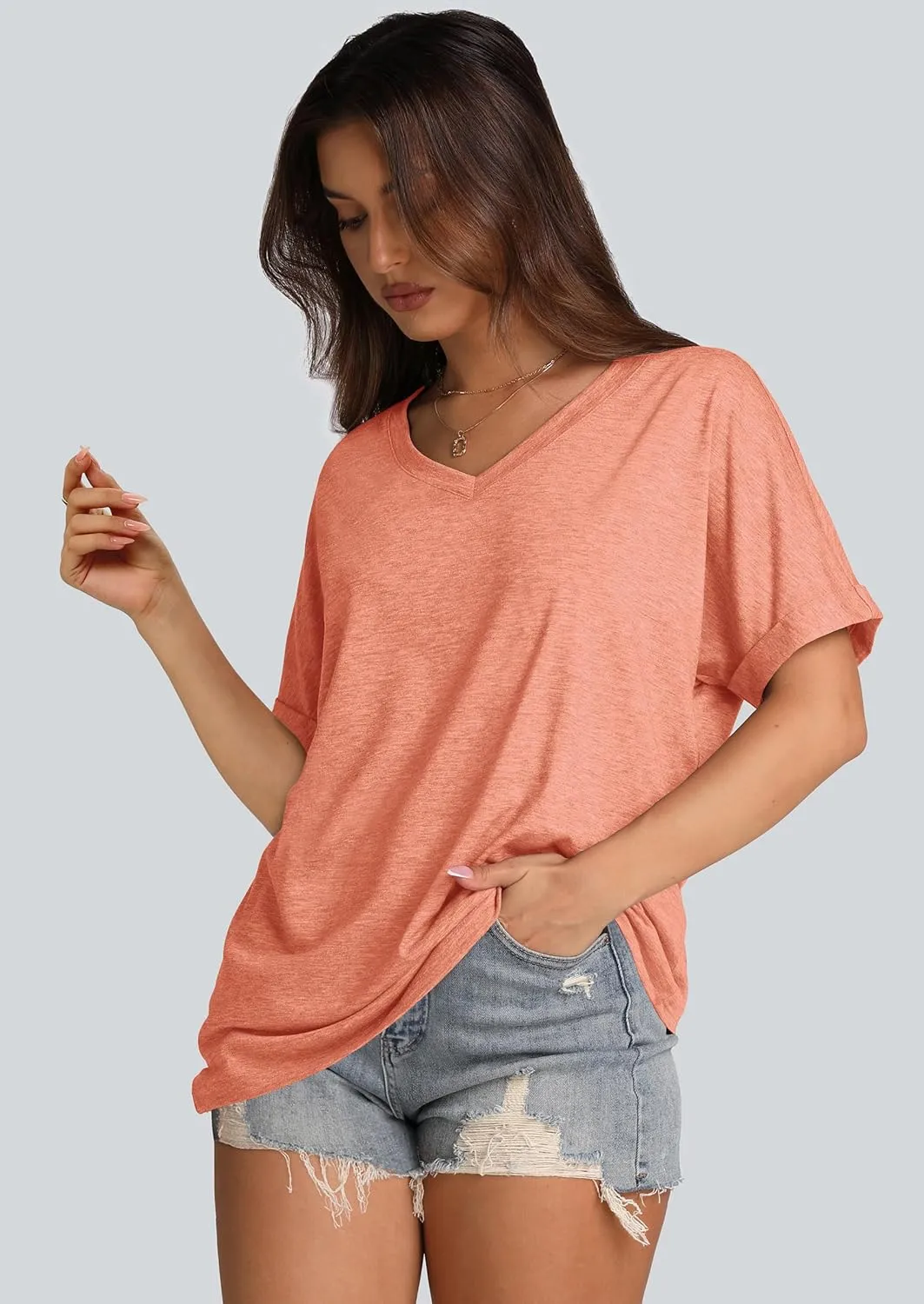 WIHOLL Womens Oversized Tshirts Summer Tops 2025 Short Sleeve V Neck Shirts Outfits Plus Size Clothes