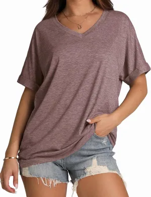 WIHOLL Womens Oversized Tshirts Summer Tops 2025 Short Sleeve V Neck Shirts Outfits Plus Size Clothes