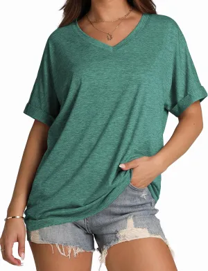 WIHOLL Womens Oversized Tshirts Summer Tops 2025 Short Sleeve V Neck Shirts Outfits Plus Size Clothes