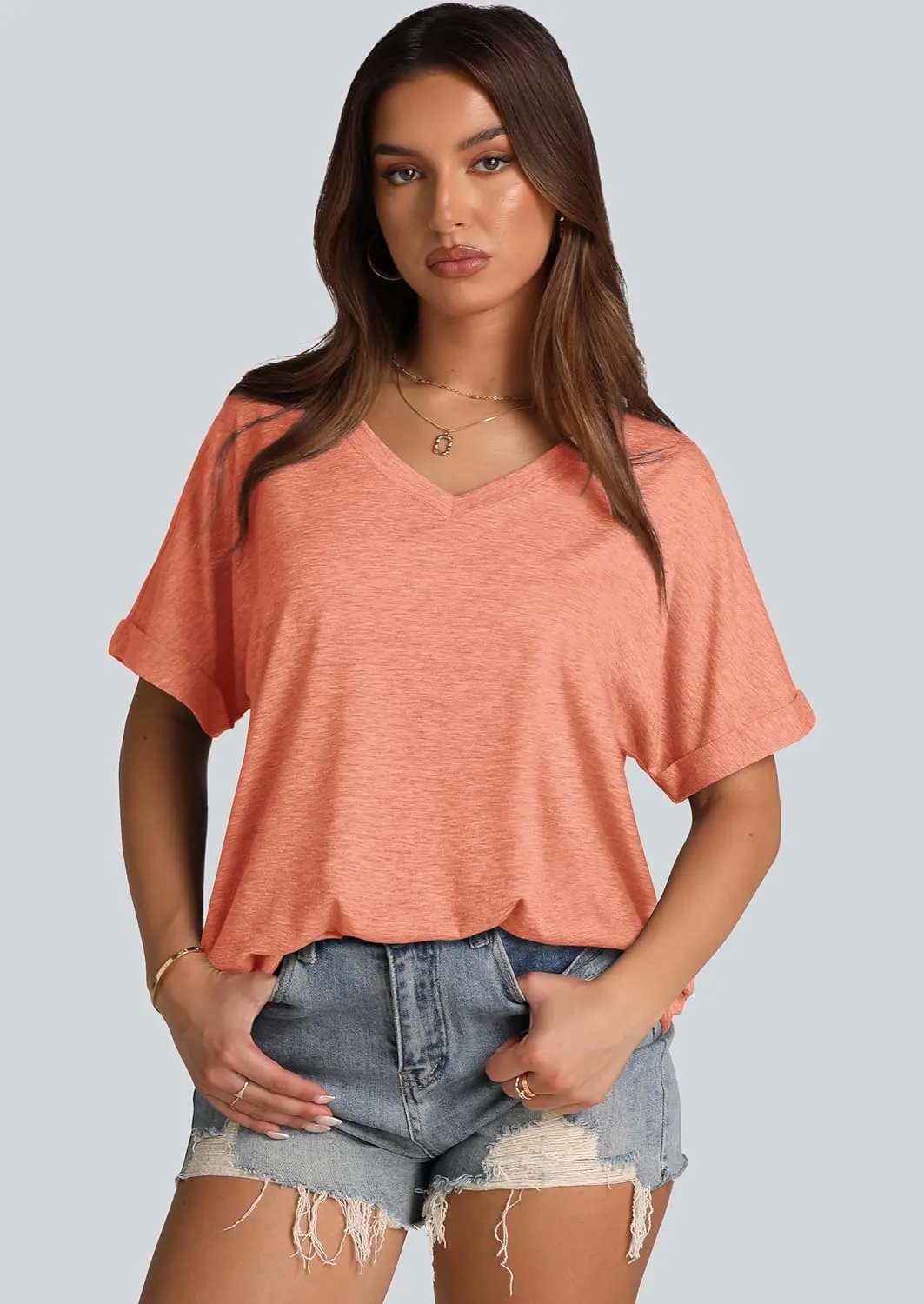 WIHOLL Womens Oversized Tshirts Summer Tops 2025 Short Sleeve V Neck Shirts Outfits Plus Size Clothes