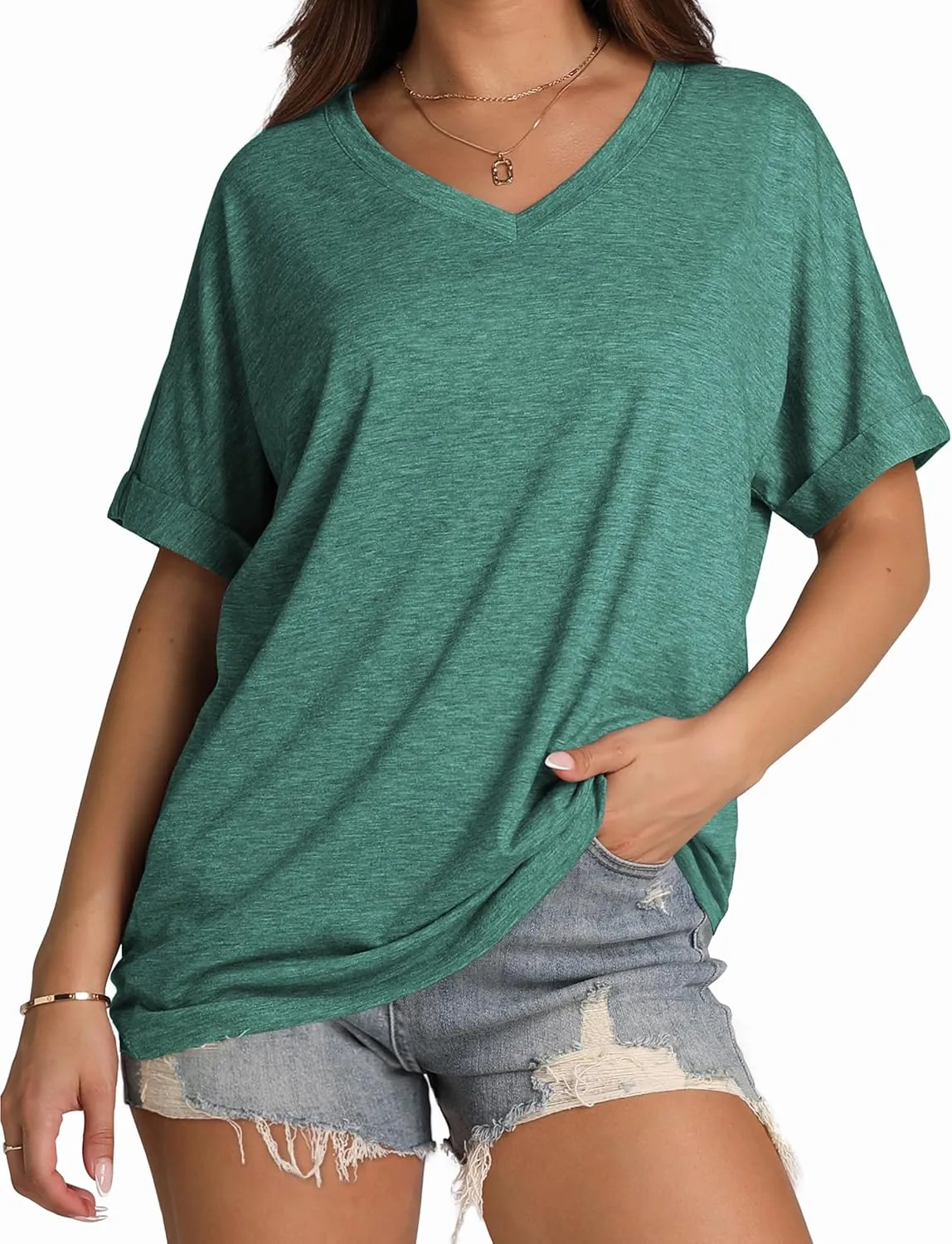 WIHOLL Womens Oversized Tshirts Summer Tops 2025 Short Sleeve V Neck Shirts Outfits Plus Size Clothes