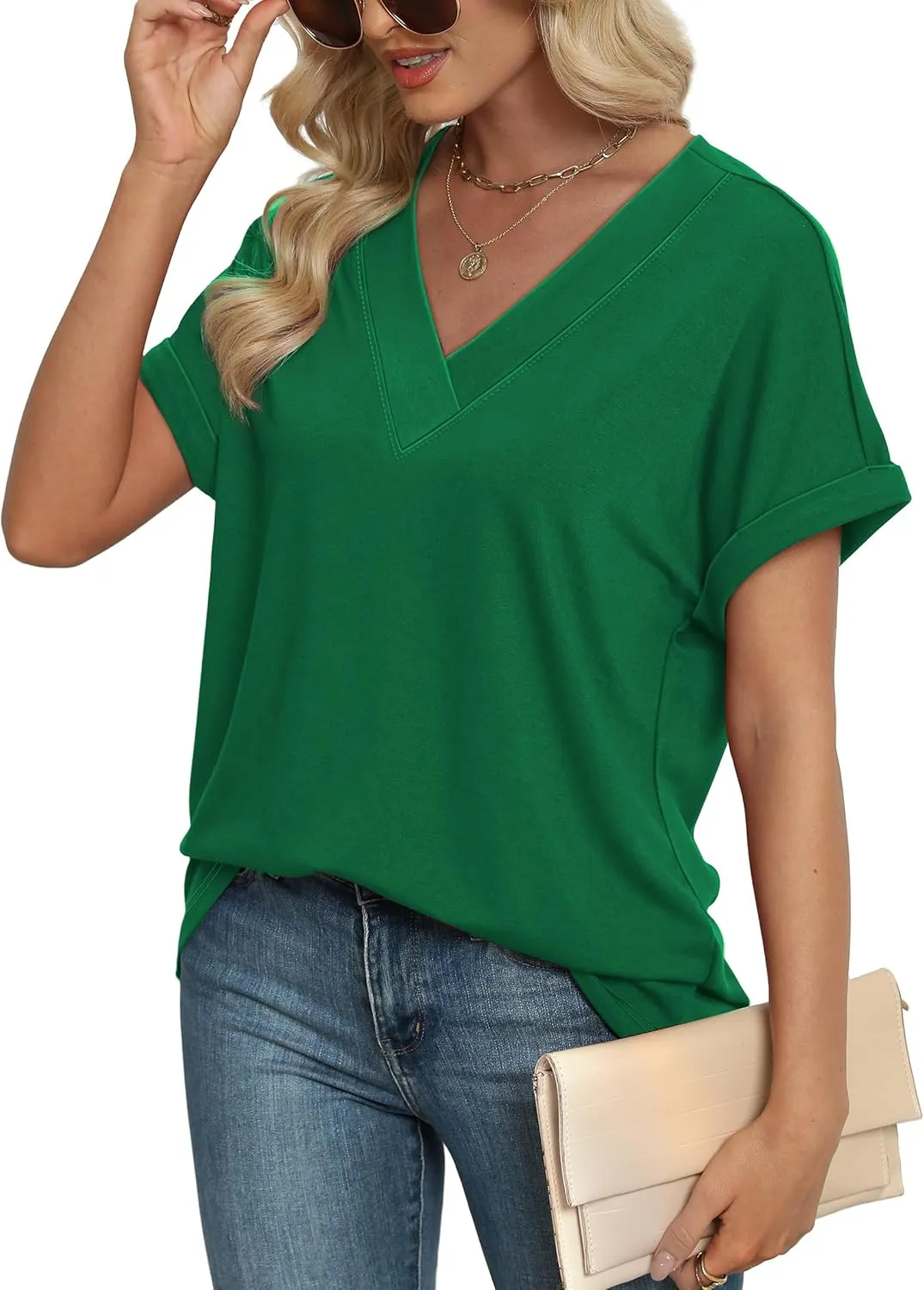 WIHOLL Womens Summer Tops Short Dolman Sleeve Shirts 2025 Fashion V Neck Outfits Clothes