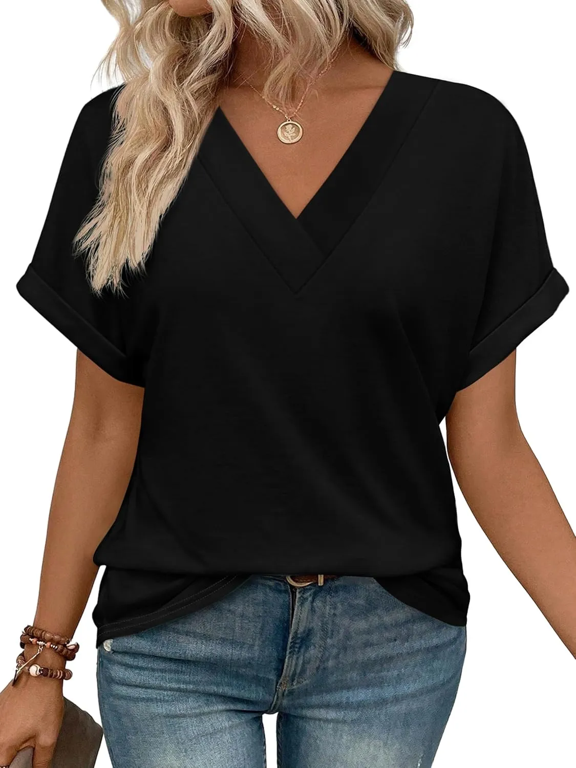 WIHOLL Womens Summer Tops Short Dolman Sleeve Shirts 2025 Fashion V Neck Outfits Clothes