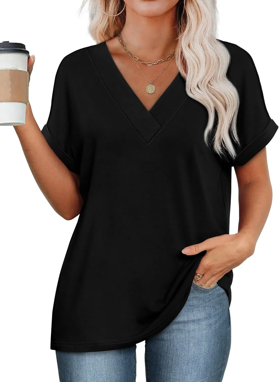 WIHOLL Womens Summer Tops Short Dolman Sleeve Shirts 2025 Fashion V Neck Outfits Clothes