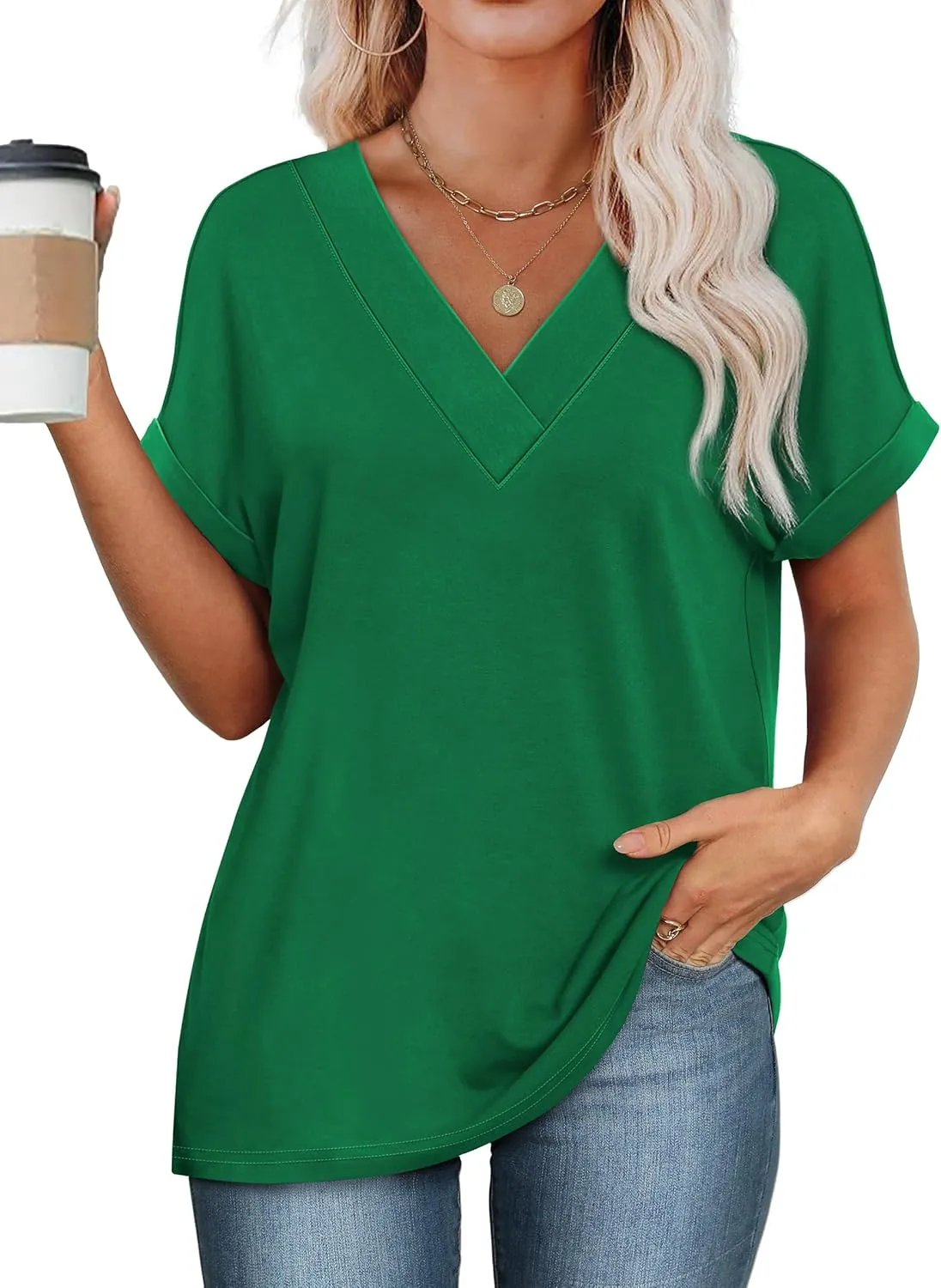 WIHOLL Womens Summer Tops Short Dolman Sleeve Shirts 2025 Fashion V Neck Outfits Clothes