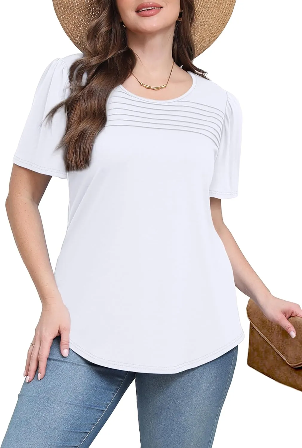 WIHOLL Womens Summer Tops Short Puff Sleeve Shirts 2025 Pleated Neck Outfits Clothing Blouses