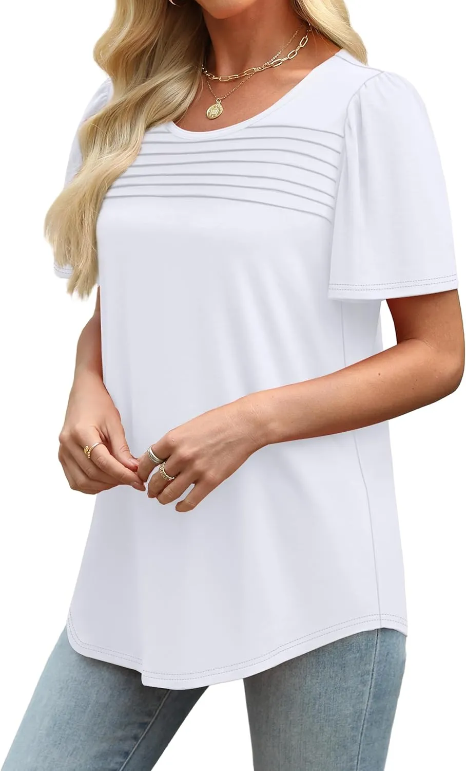 WIHOLL Womens Summer Tops Short Puff Sleeve Shirts 2025 Pleated Neck Outfits Clothing Blouses