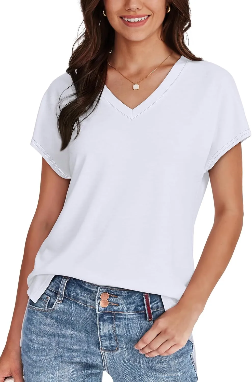 WIHOLL Womens Tops Basic Summer V Neck T Shirts Short Sleeve Dressy Casual Loose Fit Cute Tee Clothes Trendy Fashion Outfits