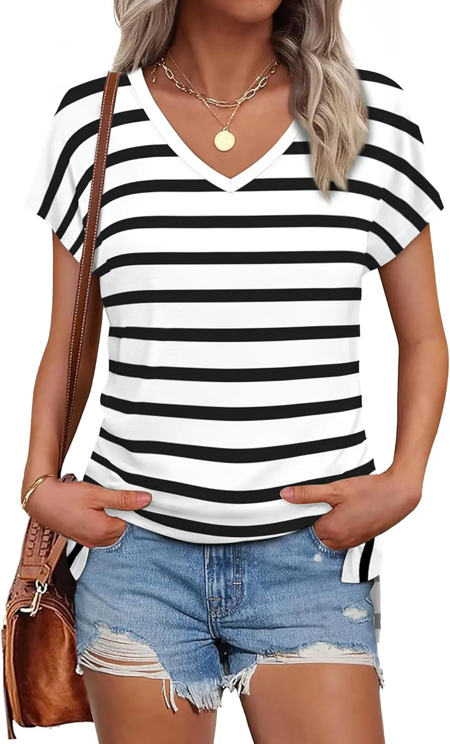 WIHOLL Womens Tops Basic Summer V Neck T Shirts Short Sleeve Dressy Casual Loose Fit Cute Tee Clothes Trendy Fashion Outfits