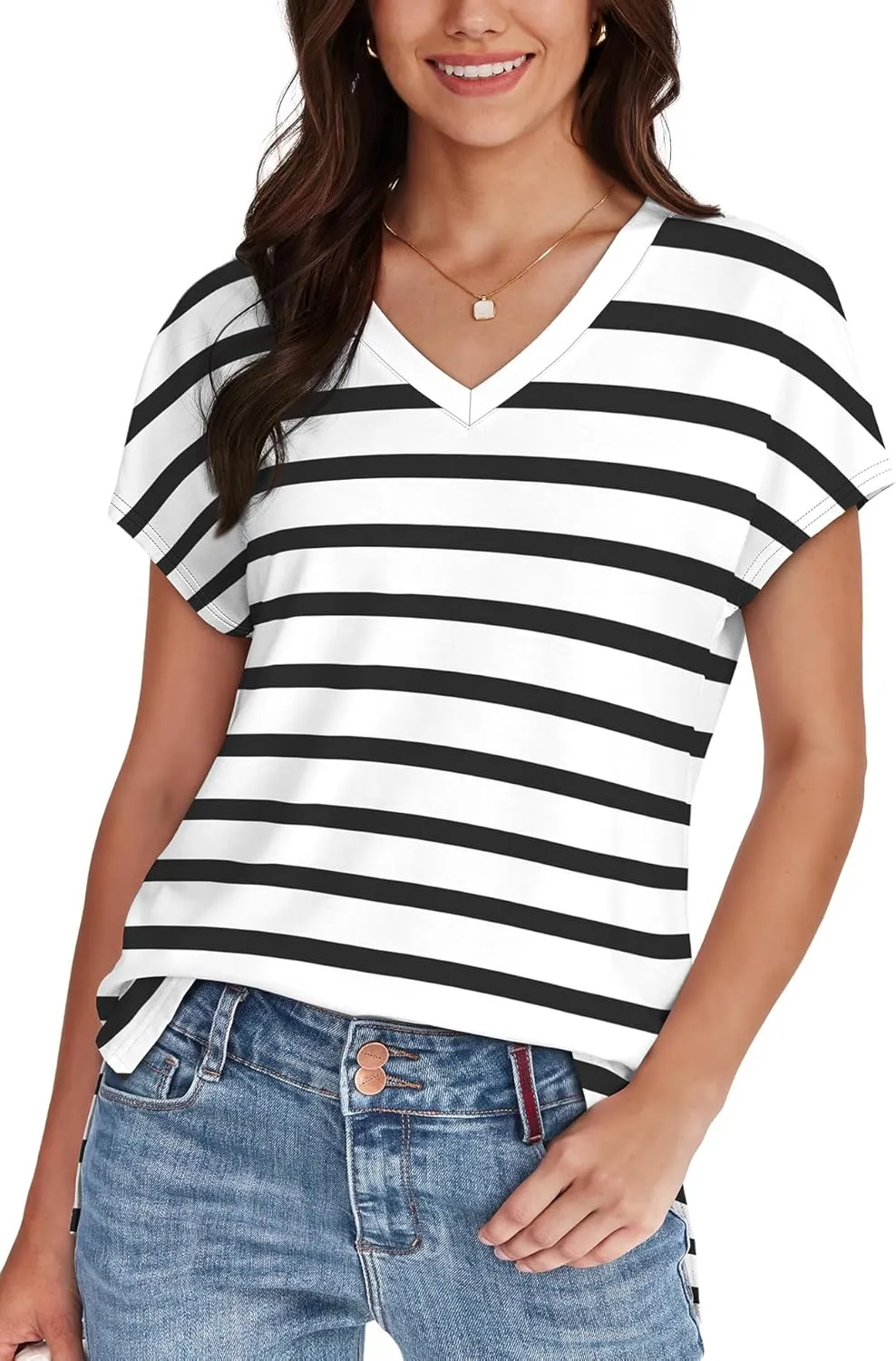 WIHOLL Womens Tops Basic Summer V Neck T Shirts Short Sleeve Dressy Casual Loose Fit Cute Tee Clothes Trendy Fashion Outfits