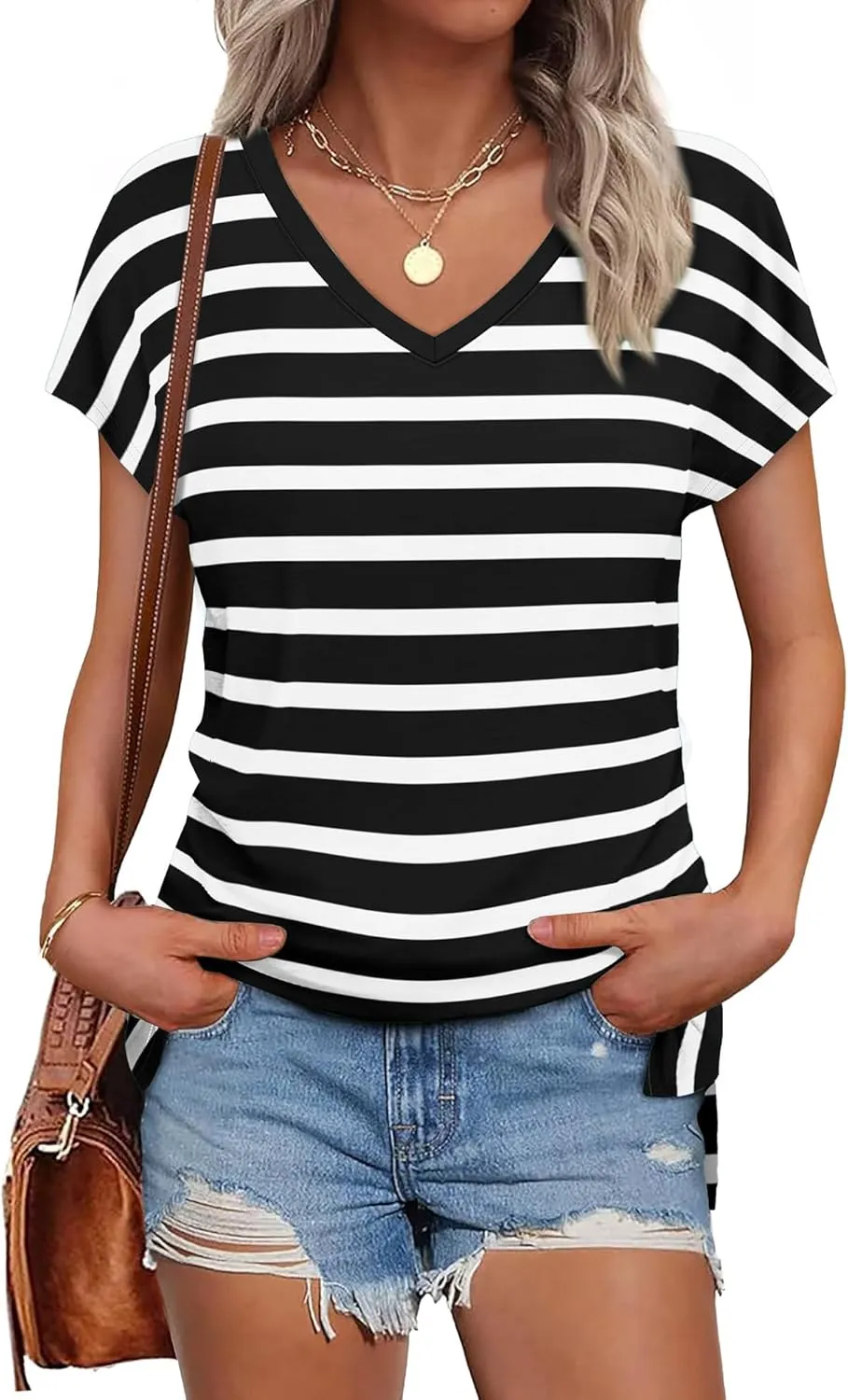 WIHOLL Womens Tops Basic Summer V Neck T Shirts Short Sleeve Dressy Casual Loose Fit Cute Tee Clothes Trendy Fashion Outfits