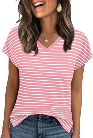 WIHOLL Womens Tops Basic Summer V Neck T Shirts Short Sleeve Dressy Casual Loose Fit Cute Tee Clothes Trendy Fashion Outfits