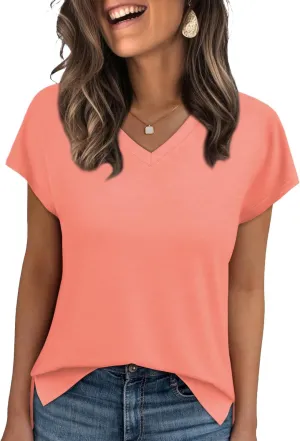 WIHOLL Womens Tops Basic Summer V Neck T Shirts Short Sleeve Dressy Casual Loose Fit Cute Tee Clothes Trendy Fashion Outfits