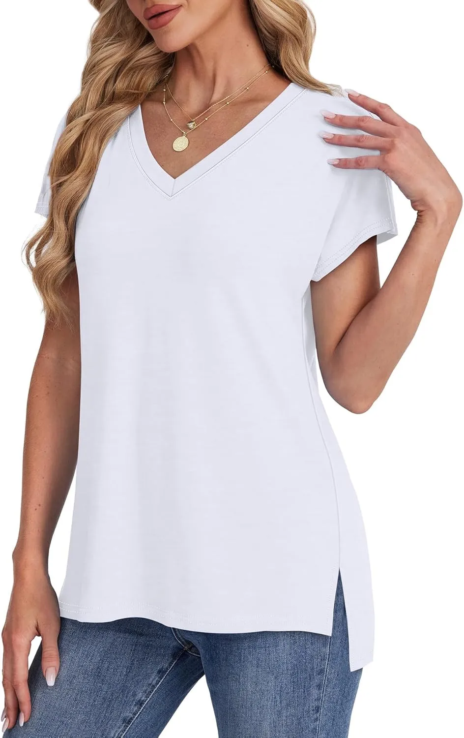 WIHOLL Womens Tops Basic Summer V Neck T Shirts Short Sleeve Dressy Casual Loose Fit Cute Tee Clothes Trendy Fashion Outfits
