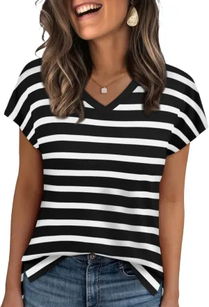 WIHOLL Womens Tops Basic Summer V Neck T Shirts Short Sleeve Dressy Casual Loose Fit Cute Tee Clothes Trendy Fashion Outfits