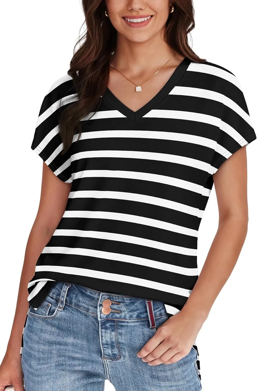 WIHOLL Womens Tops Basic Summer V Neck T Shirts Short Sleeve Dressy Casual Loose Fit Cute Tee Clothes Trendy Fashion Outfits