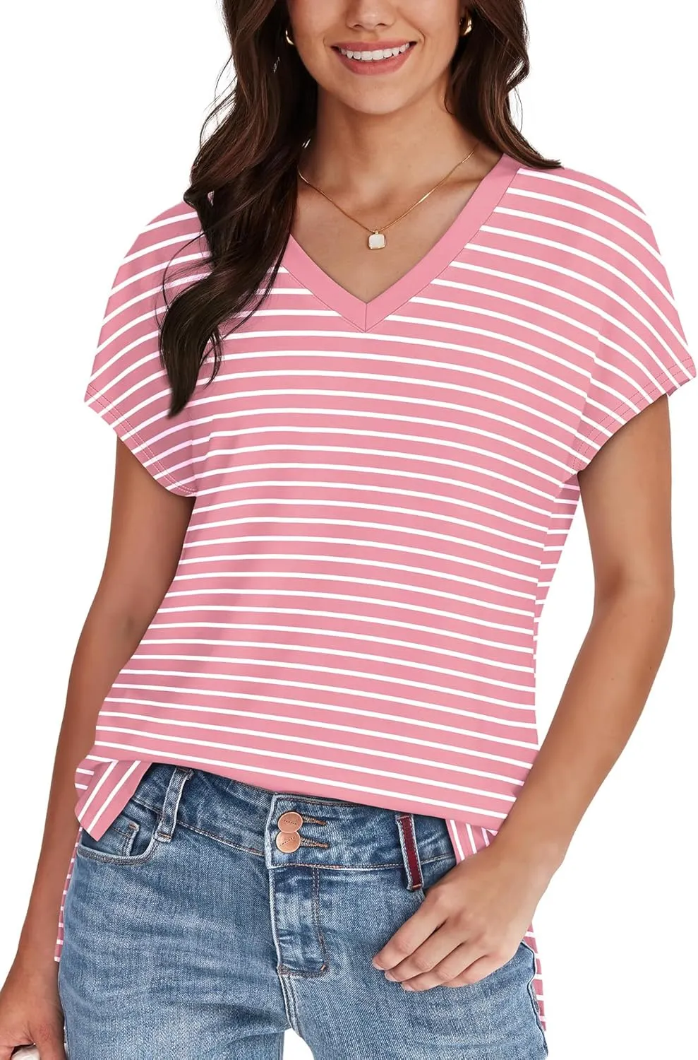 WIHOLL Womens Tops Basic Summer V Neck T Shirts Short Sleeve Dressy Casual Loose Fit Cute Tee Clothes Trendy Fashion Outfits