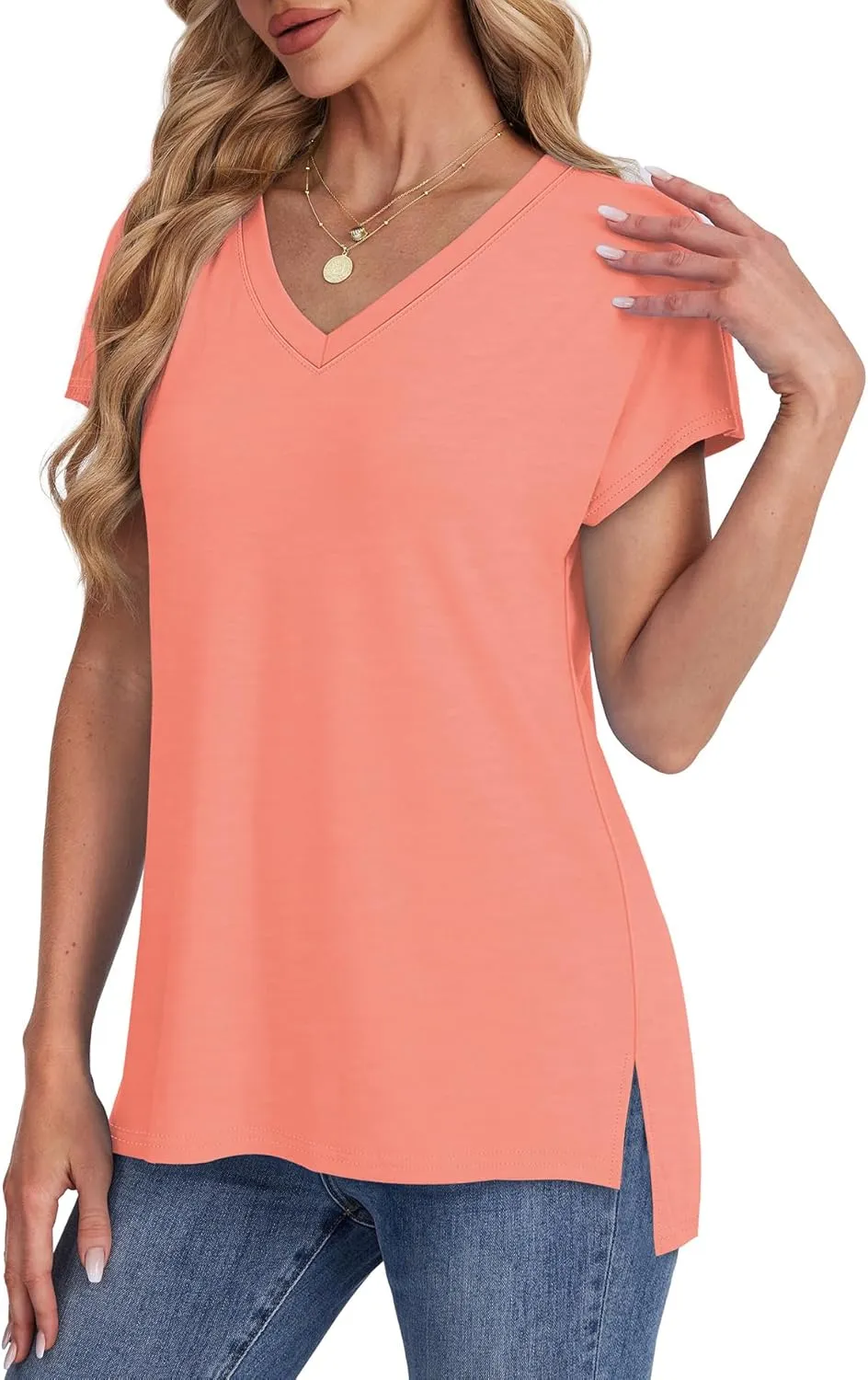 WIHOLL Womens Tops Basic Summer V Neck T Shirts Short Sleeve Dressy Casual Loose Fit Cute Tee Clothes Trendy Fashion Outfits
