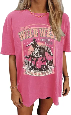 Wild West Cowboy T Shirt Women Vintage Rodeo Shirts Cowboy Graphic Tee Oversized Country Music Short Sleeve Tops