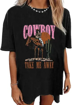 Wild West Cowboy T Shirt Women Vintage Rodeo Shirts Cowboy Graphic Tee Oversized Country Music Short Sleeve Tops