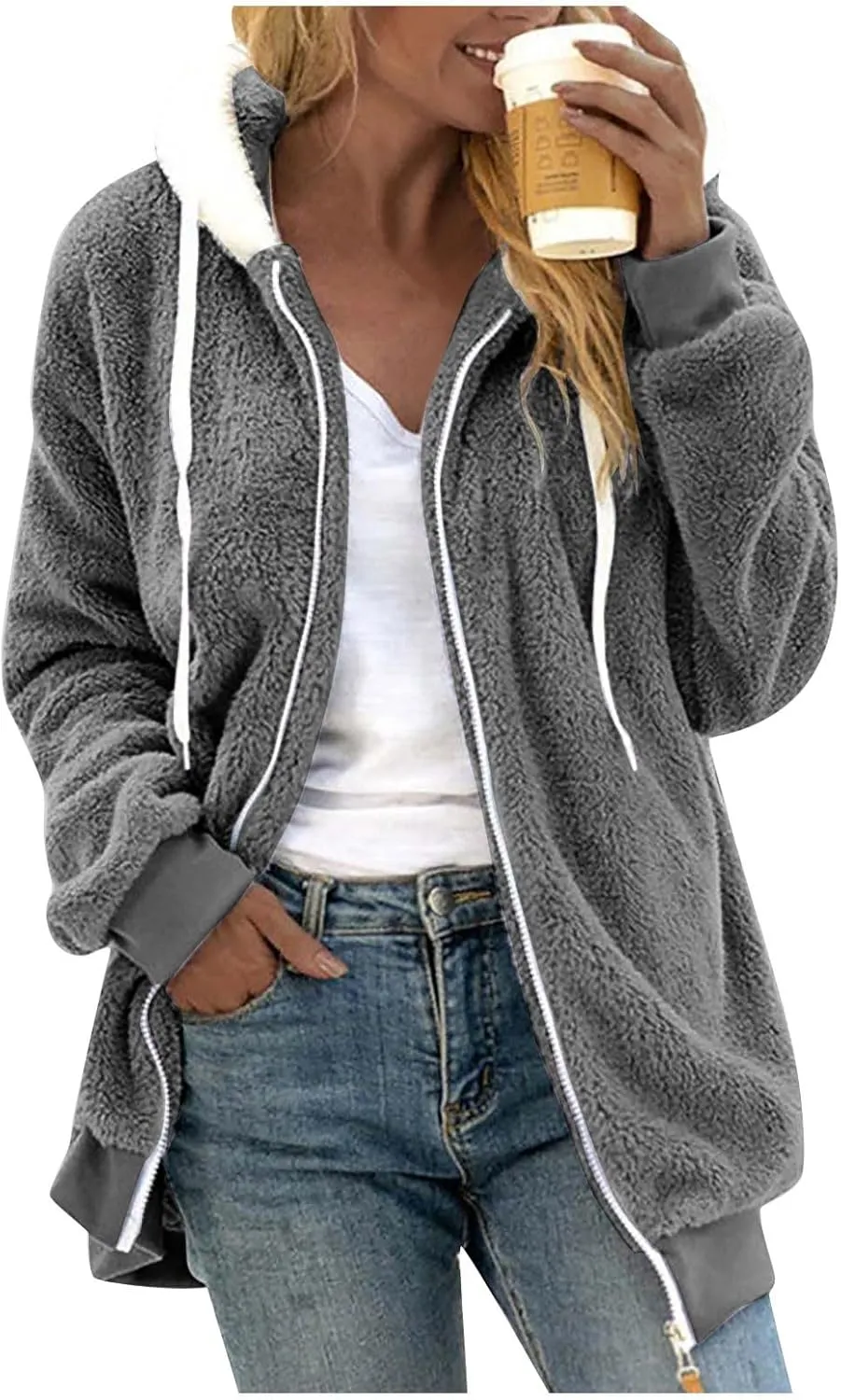 Winter Jackets for Women Fuzzy Fleece Jacket Hooded Color Block Patchwork Cardigan Coats Soft Shaggy Warm Outerwear