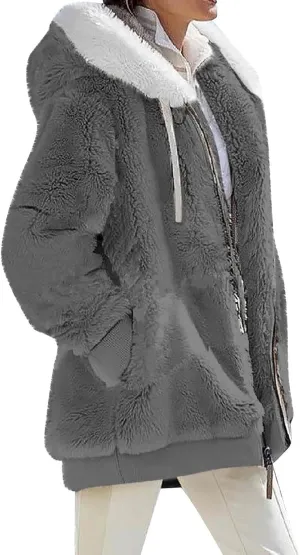 Winter Jackets for Women Fuzzy Fleece Jacket Hooded Color Block Patchwork Cardigan Coats Soft Shaggy Warm Outerwear
