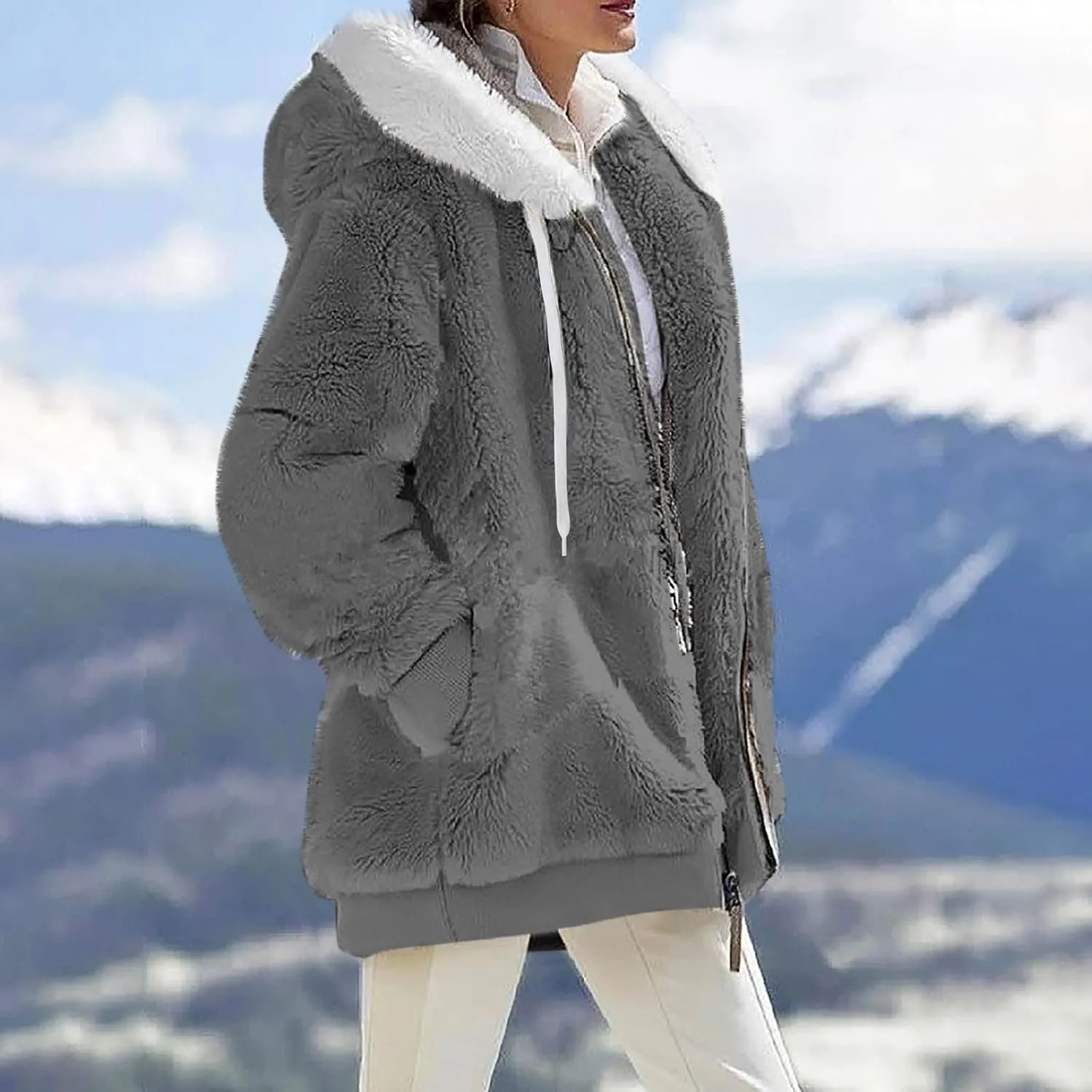 Winter Jackets for Women Fuzzy Fleece Jacket Hooded Color Block Patchwork Cardigan Coats Soft Shaggy Warm Outerwear