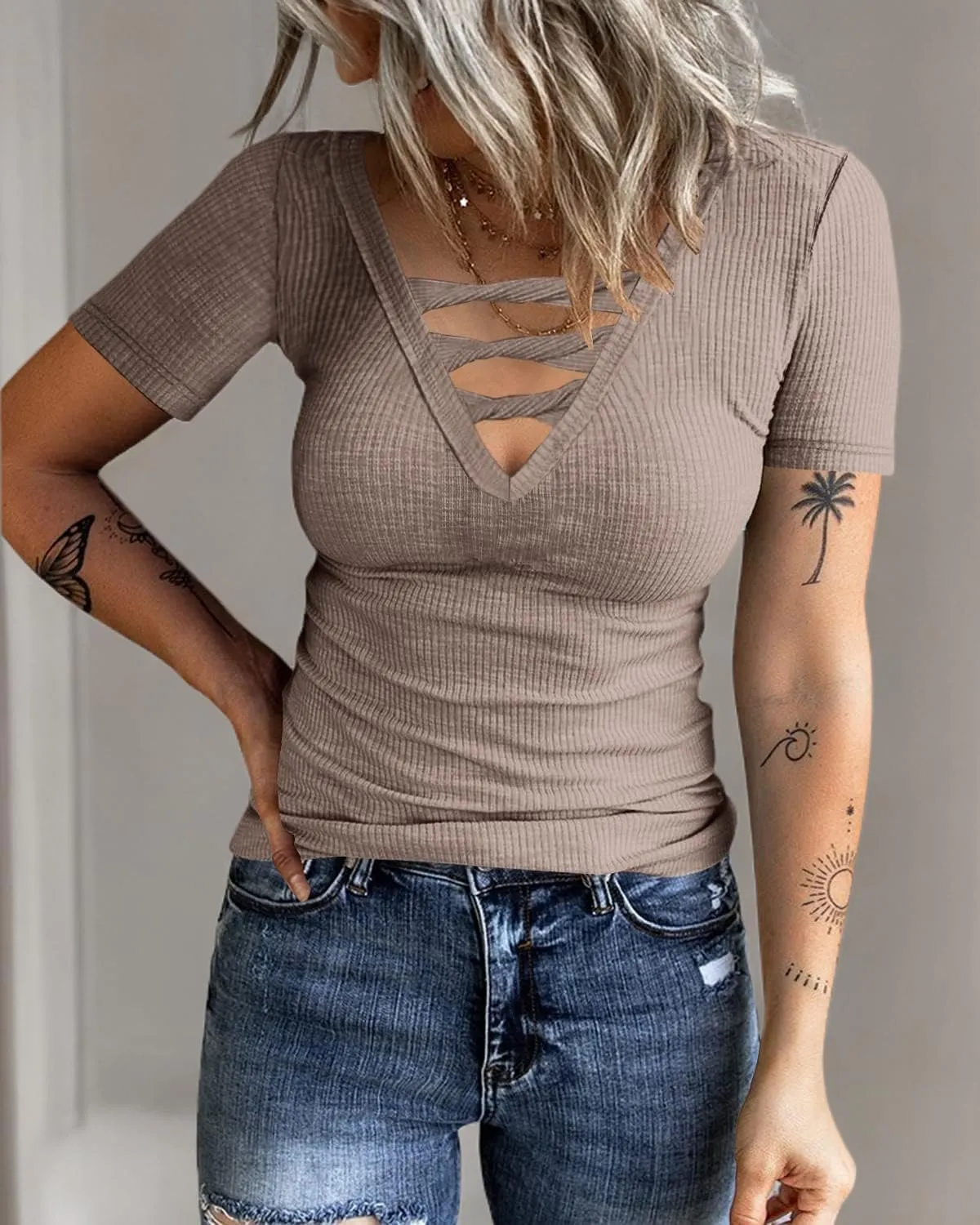 Women Casual Short Sleeve Tunic Tops V-Neck T Shirts Criss Cross Ribbed Slim Fitted Blouse
