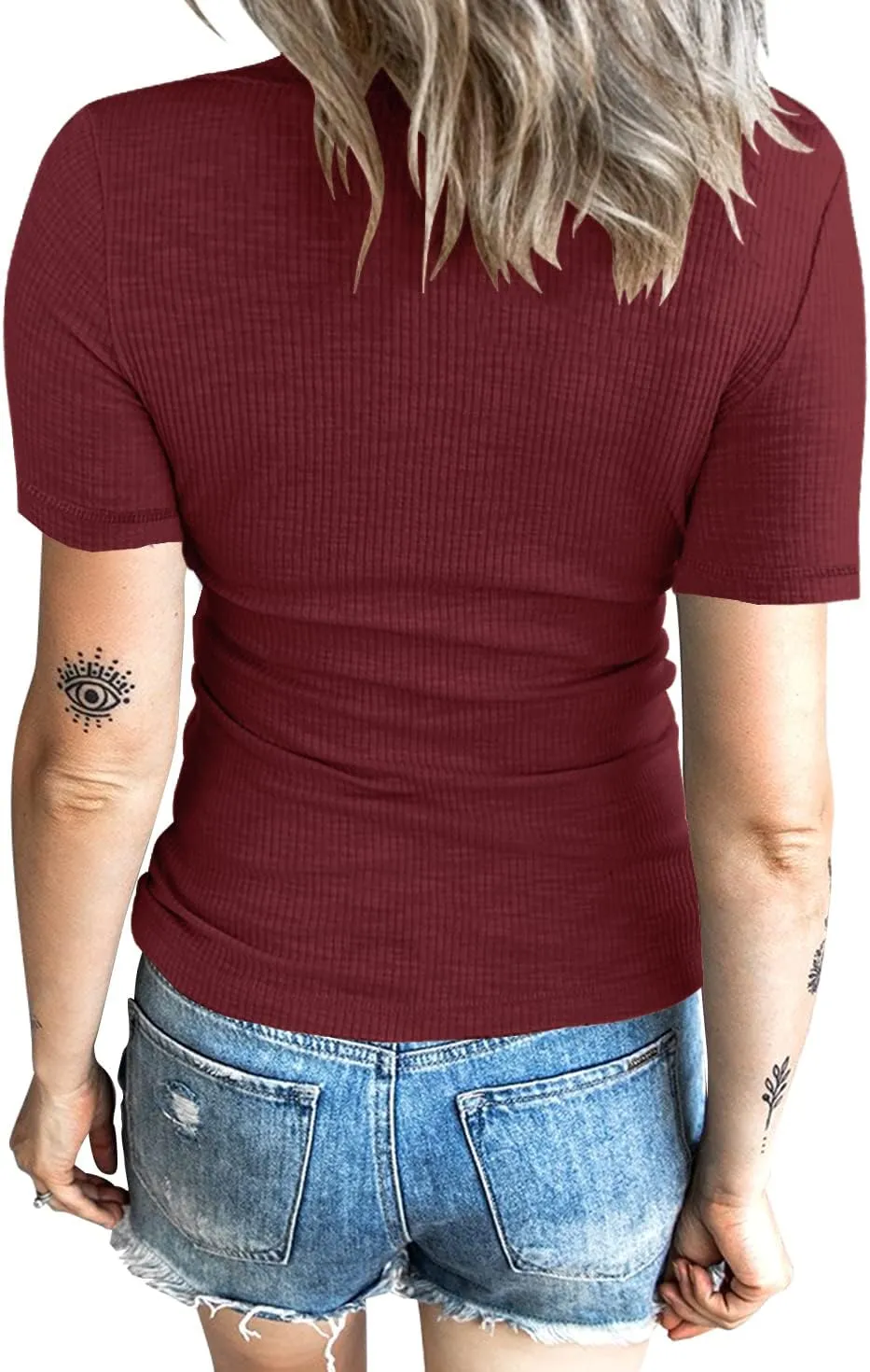 Women Casual Short Sleeve Tunic Tops V-Neck T Shirts Criss Cross Ribbed Slim Fitted Blouse