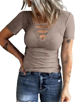 Women Casual Short Sleeve Tunic Tops V-Neck T Shirts Criss Cross Ribbed Slim Fitted Blouse