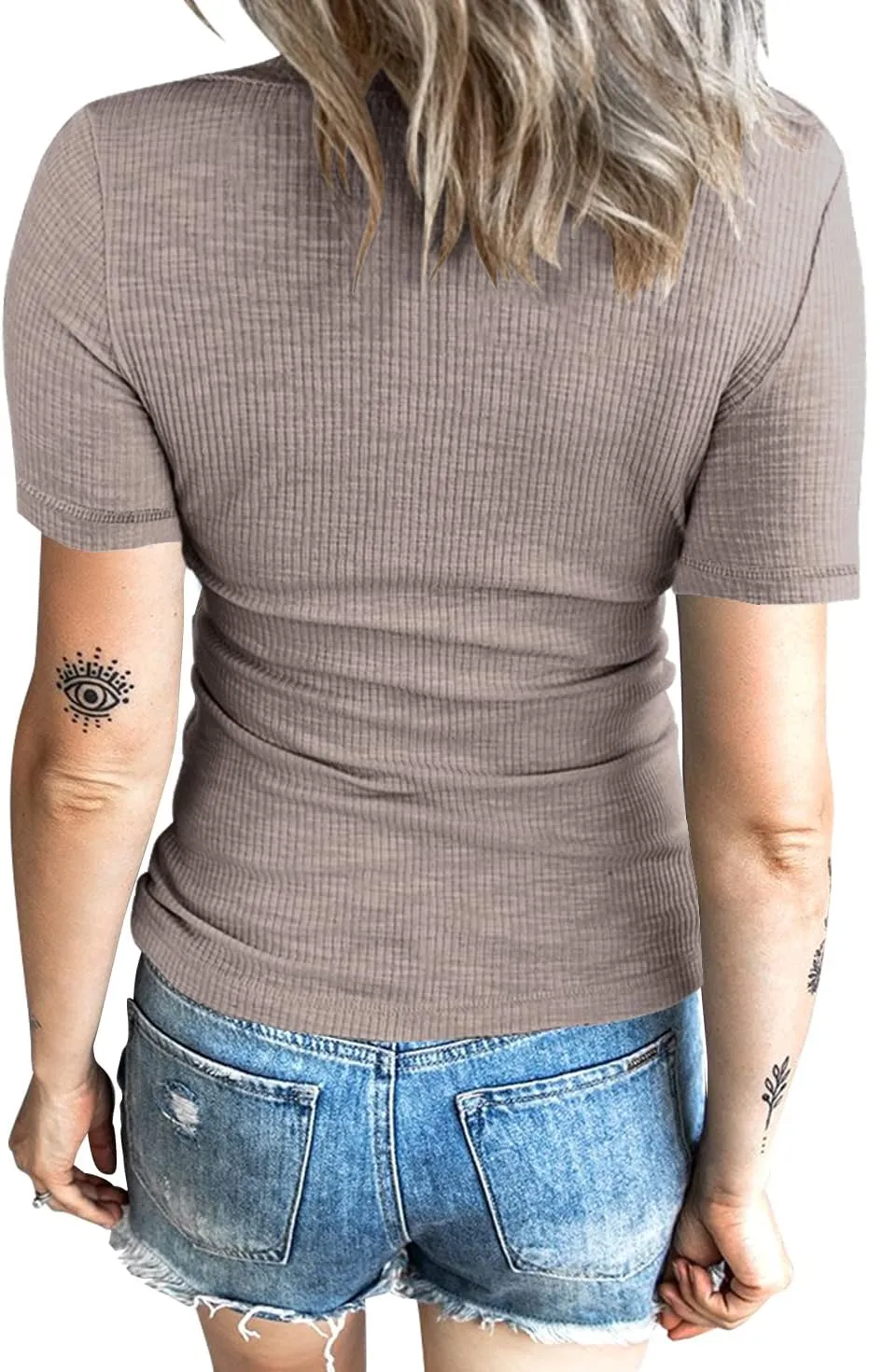 Women Casual Short Sleeve Tunic Tops V-Neck T Shirts Criss Cross Ribbed Slim Fitted Blouse
