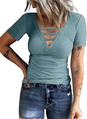Women Casual Short Sleeve Tunic Tops V-Neck T Shirts Criss Cross Ribbed Slim Fitted Blouse