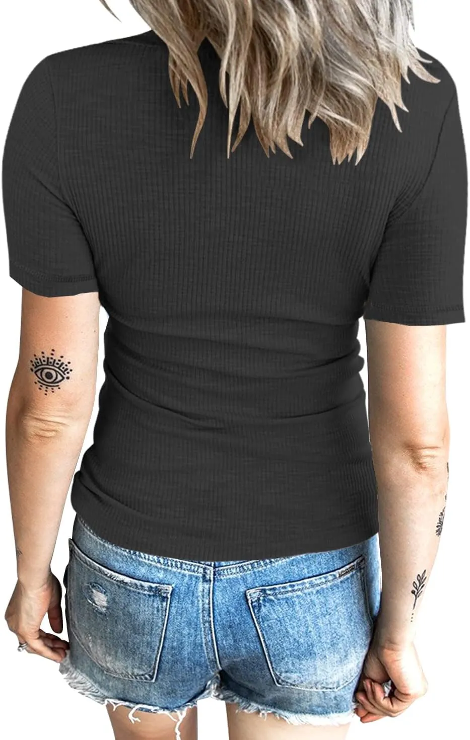 Women Casual Short Sleeve Tunic Tops V-Neck T Shirts Criss Cross Ribbed Slim Fitted Blouse