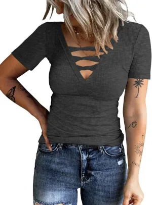 Women Casual Short Sleeve Tunic Tops V-Neck T Shirts Criss Cross Ribbed Slim Fitted Blouse