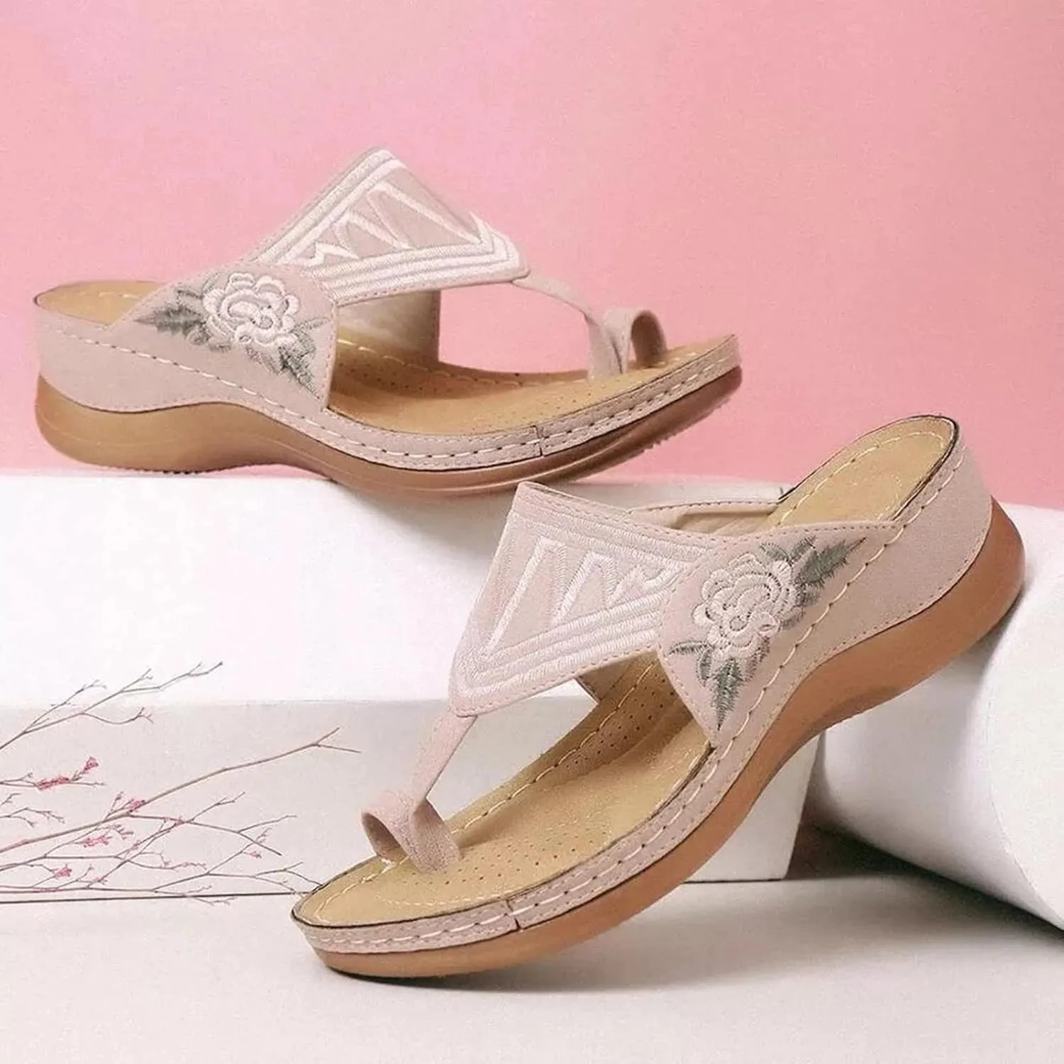 Women Comfortable Wedge Flip Flop Orthopedic Sandals Summer Casual Flower Embroidered Thong Clip Toe Slip-on Slipper Ergonomic Soles Slides Beach Shoes