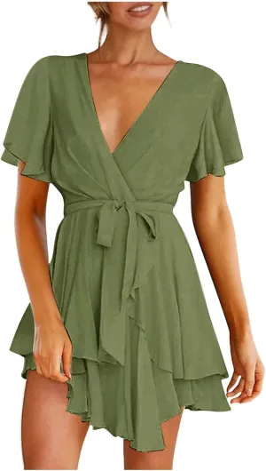 Women Dress V Neck Short Sleeve Waist Tie Ruffle Mini Swing Skater Dresses Summer Dressed