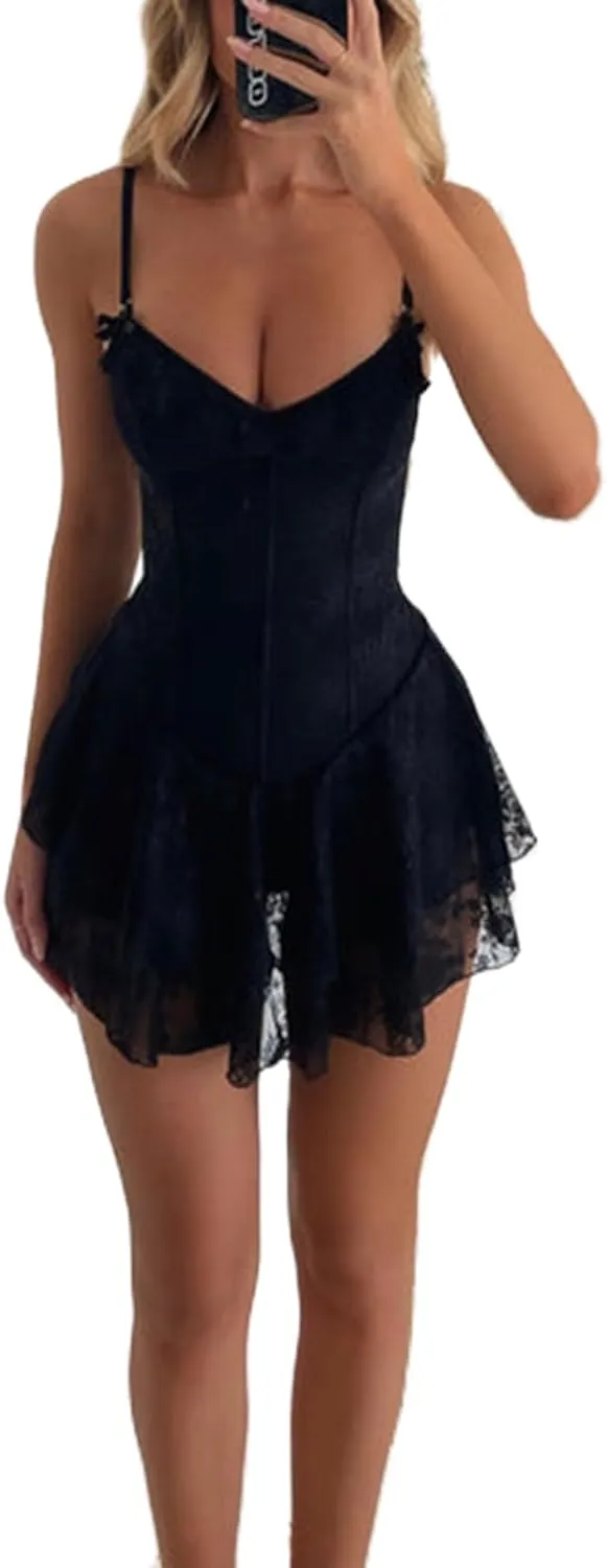 Women Hollow Out Eyelet Lace Mini Dress Short Puff Sleeve Tie Up A-Line Dress Y2k Strap Ruffle Flowy Short Dress