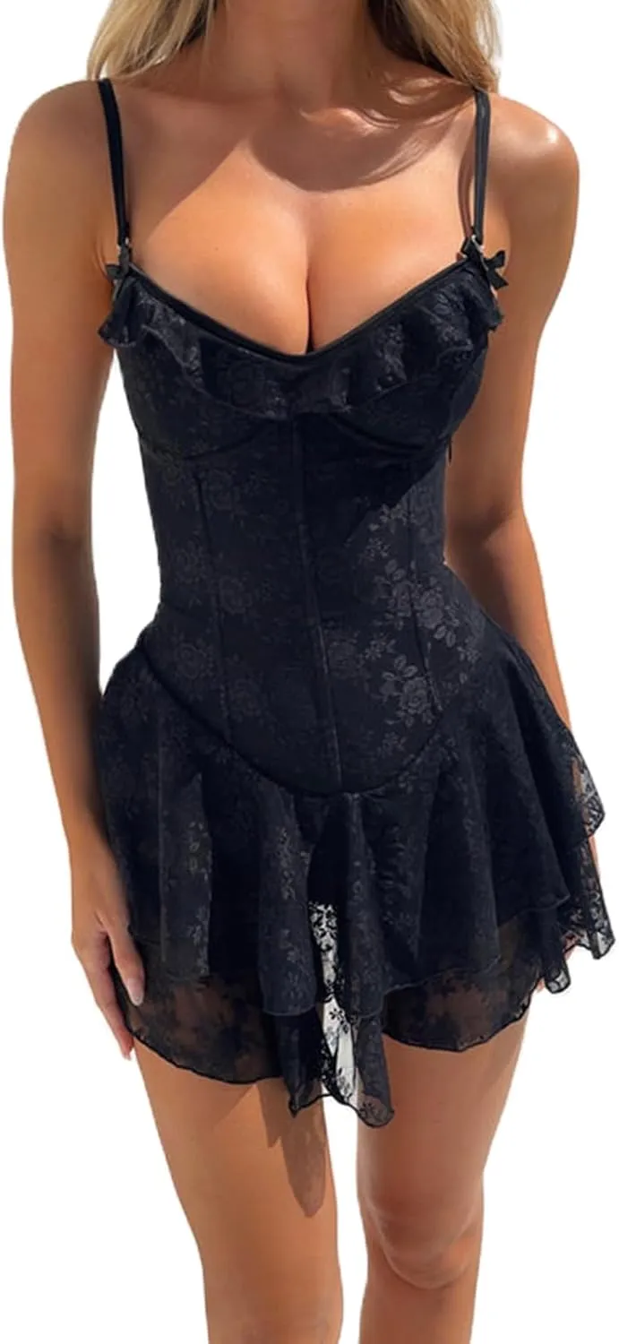 Women Hollow Out Eyelet Lace Mini Dress Short Puff Sleeve Tie Up A-Line Dress Y2k Strap Ruffle Flowy Short Dress