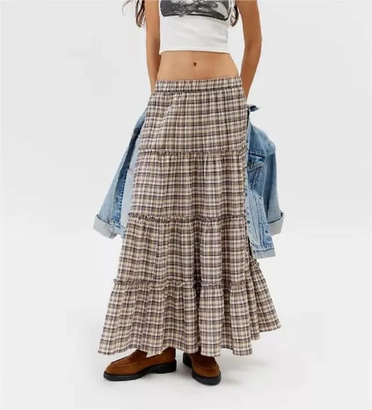 Women Plaid Tiered Maxi Skirt Y2k Elastic High Waist Long Skirt Print Flowy A Line Skirt Gingham Swing Midi Skirts