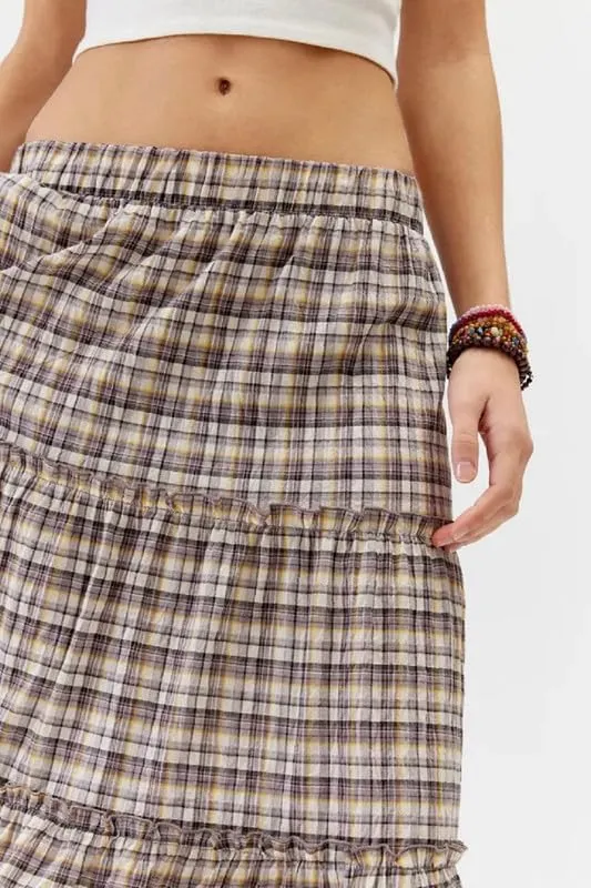 Women Plaid Tiered Maxi Skirt Y2k Elastic High Waist Long Skirt Print Flowy A Line Skirt Gingham Swing Midi Skirts