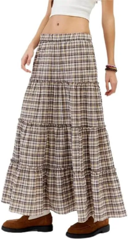Women Plaid Tiered Maxi Skirt Y2k Elastic High Waist Long Skirt Print Flowy A Line Skirt Gingham Swing Midi Skirts