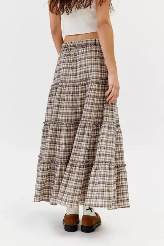 Women Plaid Tiered Maxi Skirt Y2k Elastic High Waist Long Skirt Print Flowy A Line Skirt Gingham Swing Midi Skirts