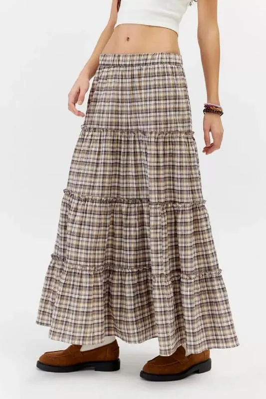 Women Plaid Tiered Maxi Skirt Y2k Elastic High Waist Long Skirt Print Flowy A Line Skirt Gingham Swing Midi Skirts