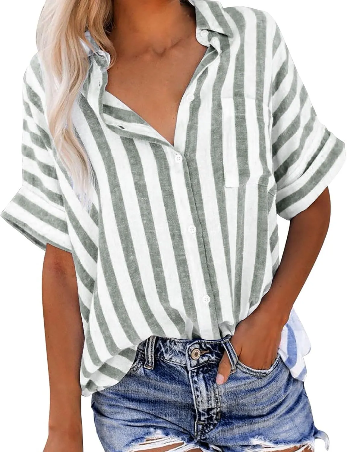 Women Striped Button Down Shirts Cotton Linen Blouse Tops Short Sleeve Collar Guaze Shirt Trendy Vacation Work Clothes