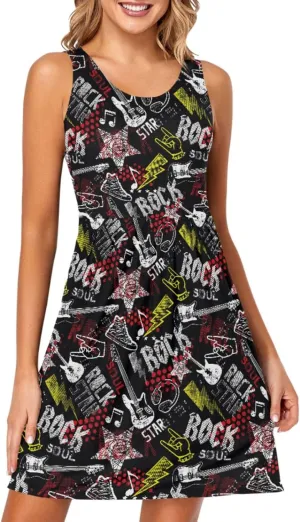Women Summer Dresses Casual Beach Rock Guitar Sleeveless Sundresses Tank Dress with Pockets