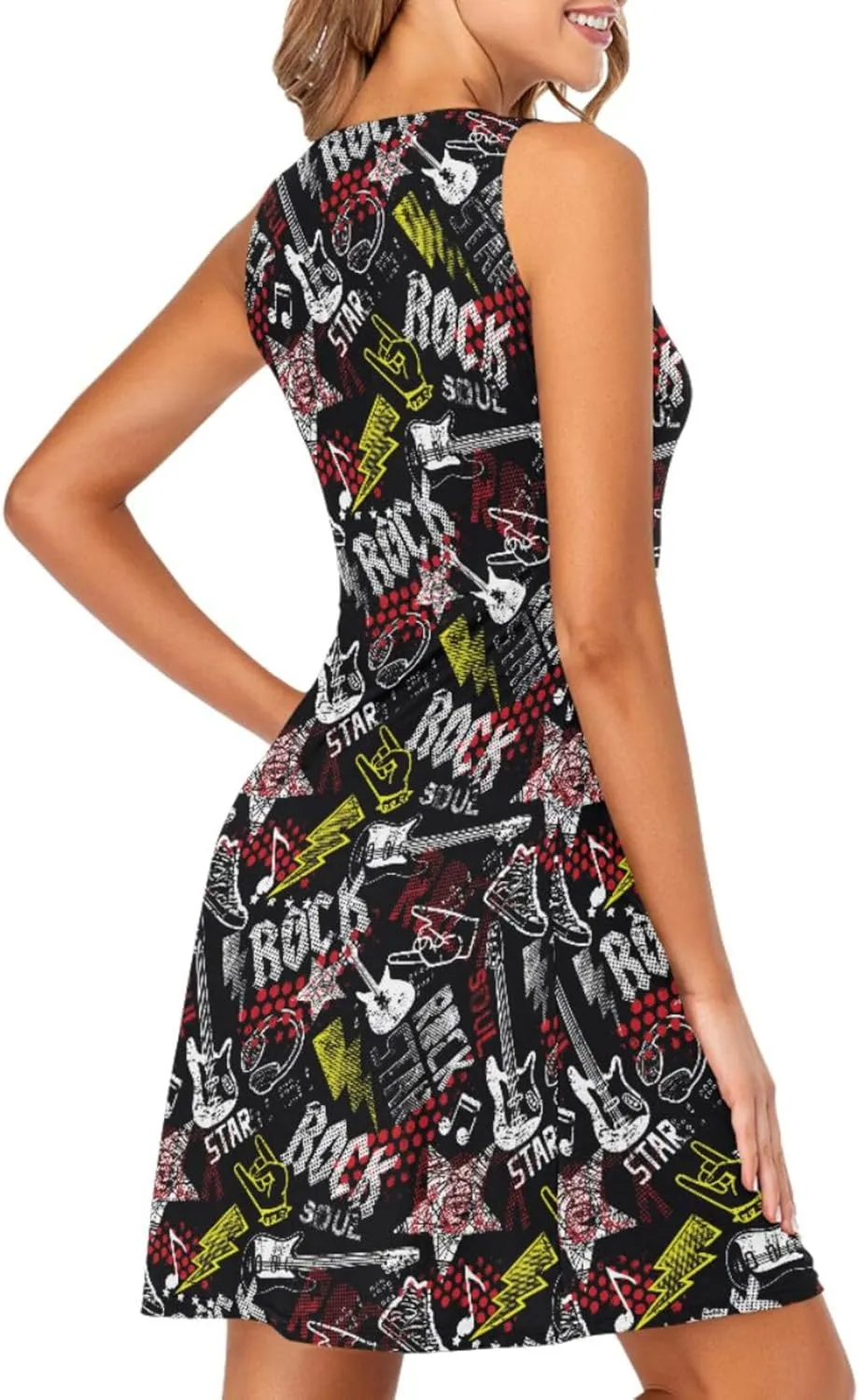 Women Summer Dresses Casual Beach Rock Guitar Sleeveless Sundresses Tank Dress with Pockets