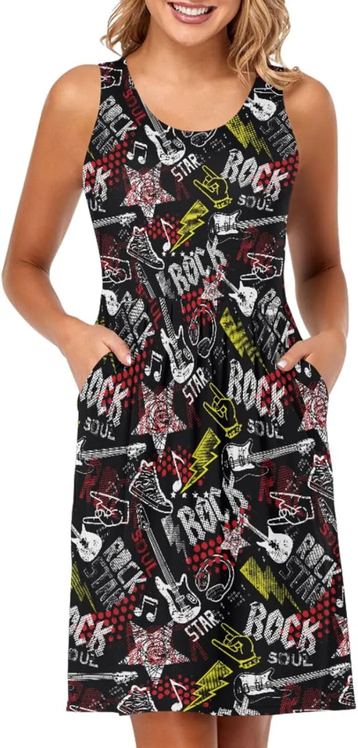 Women Summer Dresses Casual Beach Rock Guitar Sleeveless Sundresses Tank Dress with Pockets